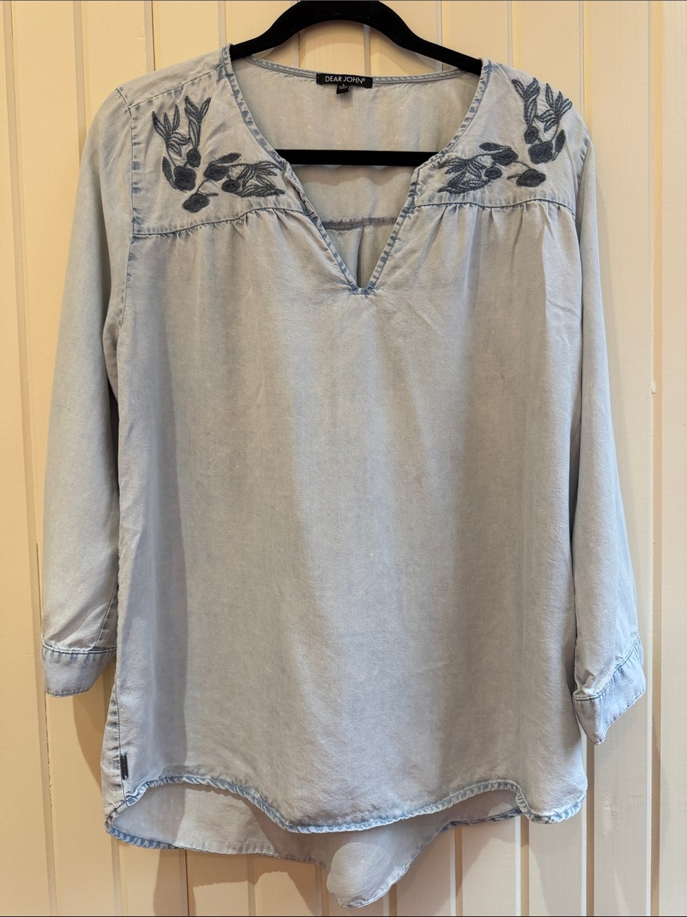Dear John Light Blue denim Embroidered V-Neck Tunic Top